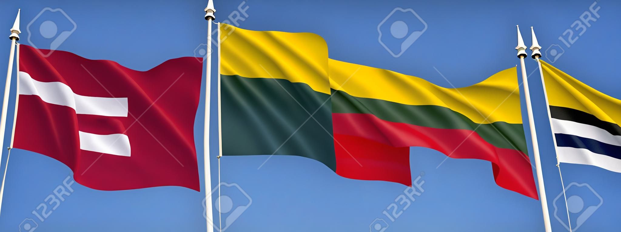 라트비아, 리투아니아, 에스토니아의 발트 해 연안 국가의 깃발.