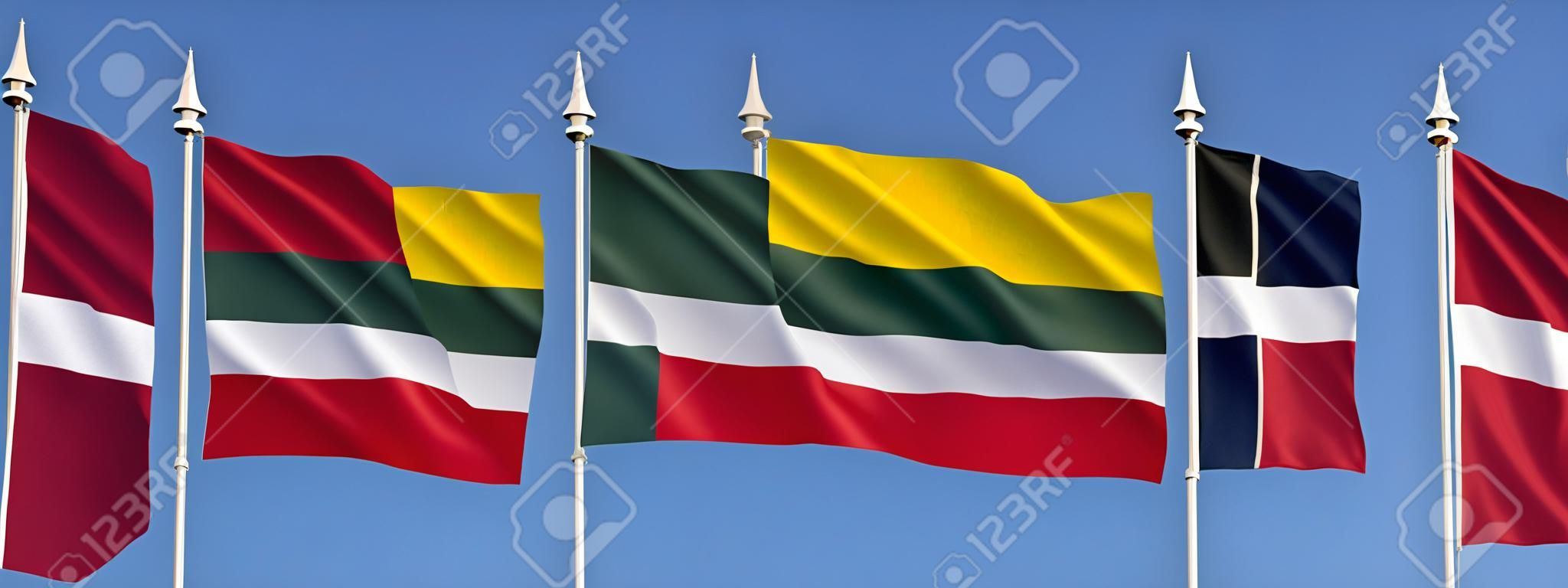 Flagi państw bałtyckich - Litwy, Łotwy i Estonii.