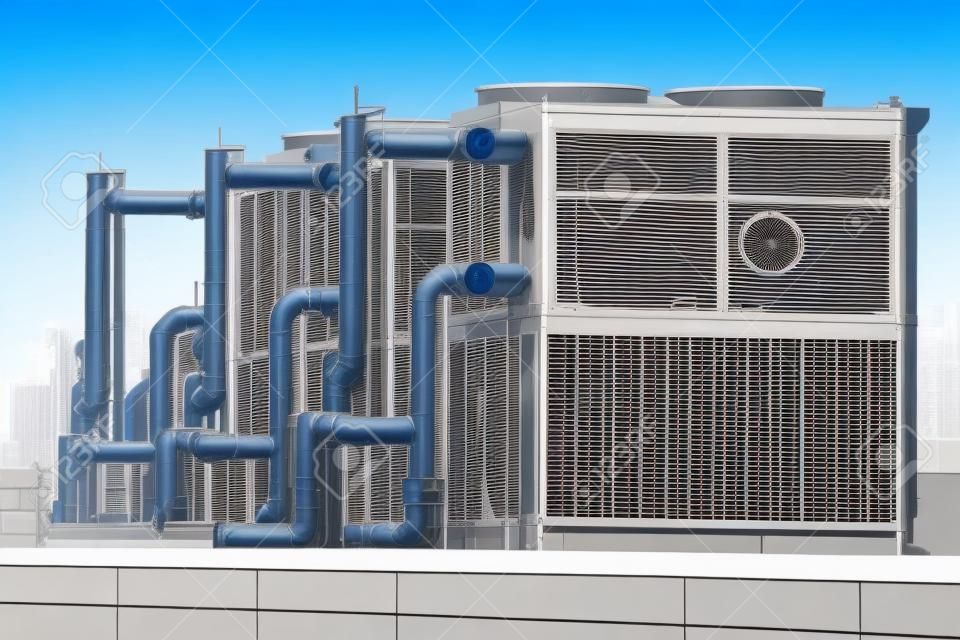 Industrial air conditioning unit cooling system on the roof of a building