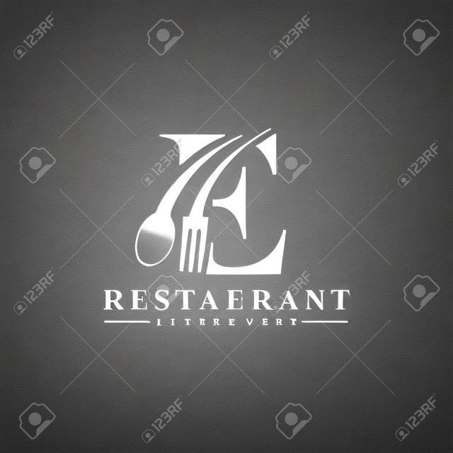 Initial Letter E Logo with Spoon And Fork for Restaurant logo Template. Editable file EPS10.