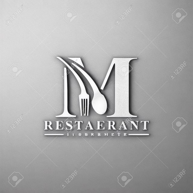Initial Letter M Logo with Spoon And Fork for Restaurant logo Template. Editable file EPS10.