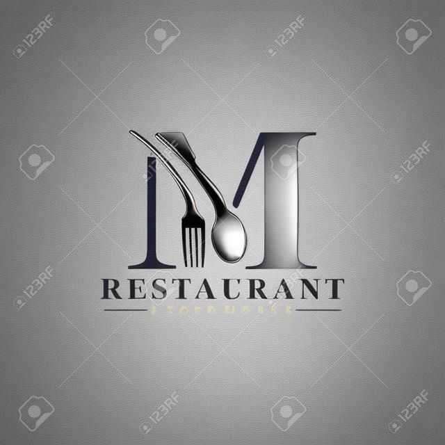 Initial Letter M Logo with Spoon And Fork for Restaurant logo Template. Editable file EPS10.