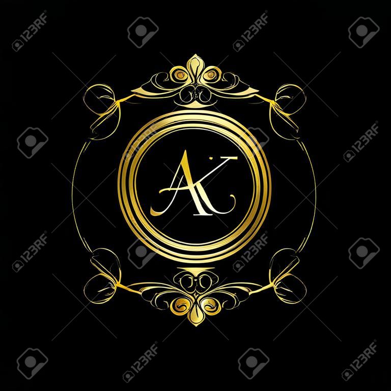 A & K AK logo initial Luxury ornament emblem. Initial luxury art vector mark logo, gold color on black background.