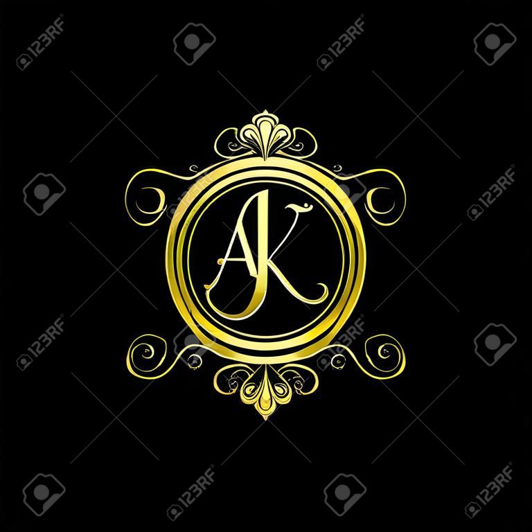 A & K AK logo initial Luxury ornament emblem. Initial luxury art vector mark logo, gold color on black background.