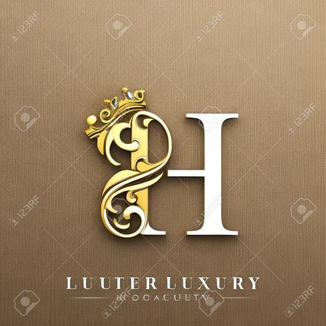 Anfangsbuchstabe H Luxusschönheit blüht Ornament mit Kronenlogoschablone.