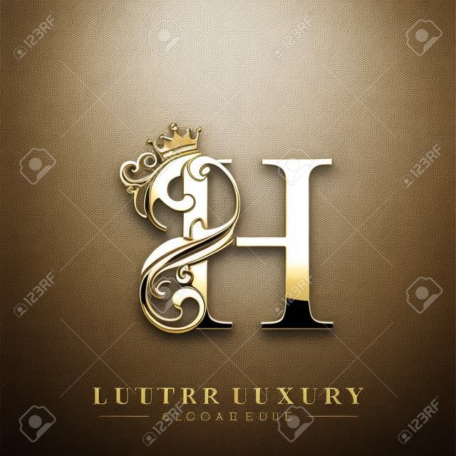 La belleza de lujo de la letra inicial H florece el ornamento con la plantilla del logotipo de la corona.