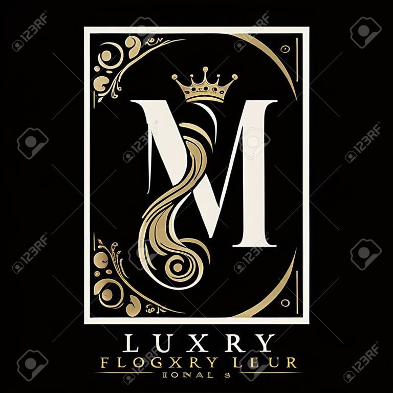Lettera iniziale M lusso bellezza fiorisce ornamento con modello logo corona.