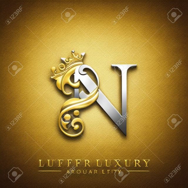 Initial letter N luxury beauty flourishes ornament with crown logo template.
