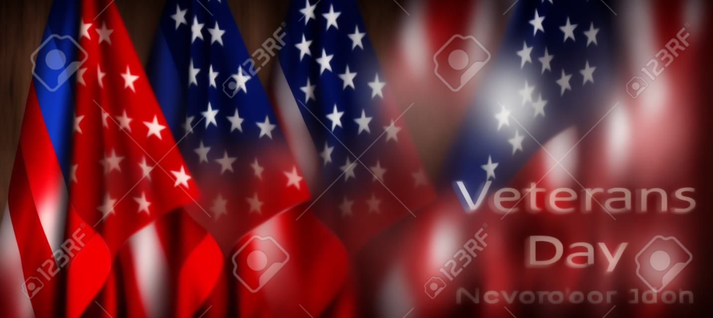 American flags and wooden background. Veterans Day