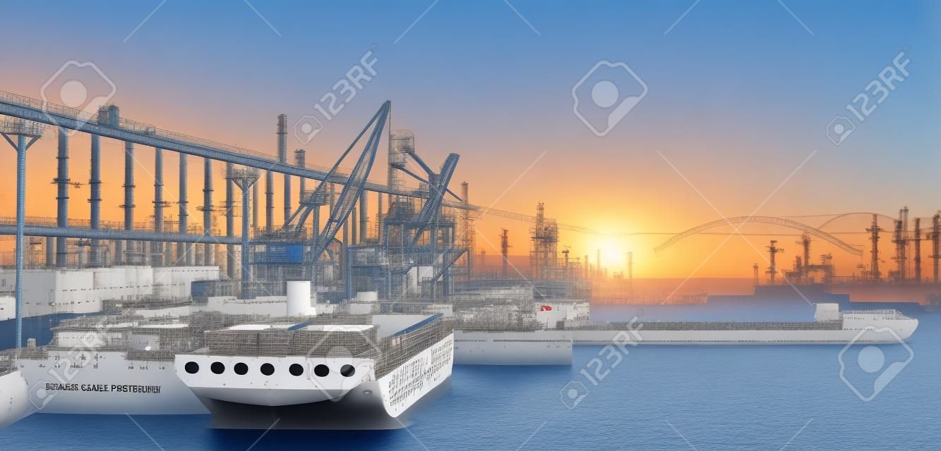 petroleum gas container ship and oil refinery background for energy nautical transportation