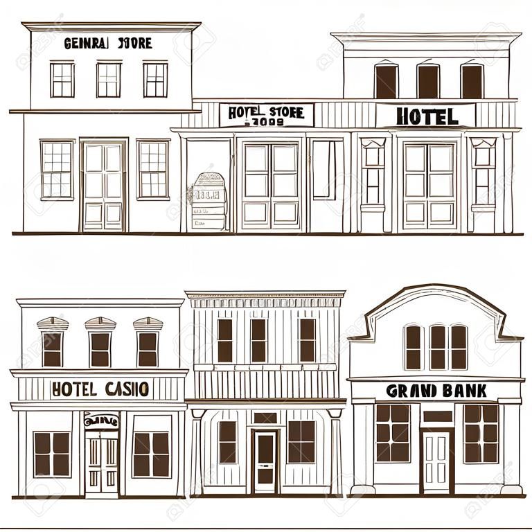 illustration collection of an old west buildings: general store, hotel, grand casino and a city bank, outlined.