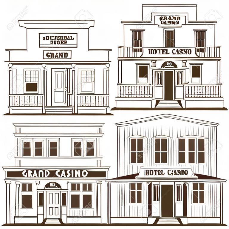 illustration collection of an old west buildings: general store, hotel, grand casino and a city bank, outlined.