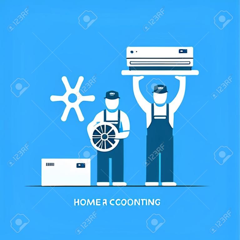 Home air conditioning service, climate control concept, house cooling icons, repairman in uniform