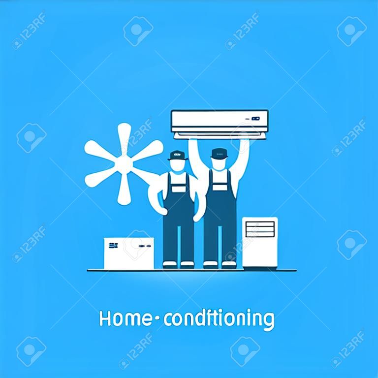 Serviço de ar condicionado em casa, conceito de controle climático, ícones de refrigeração da casa, reparador em uniforme