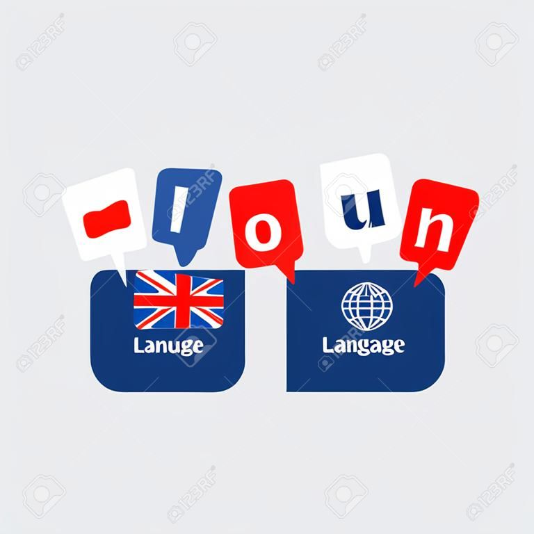 ikona brytyjskiego języka angielskiego klasa koncepcja ustawić i flaga logo, język program wymiany, forum oraz międzynarodowy znak łączności. Płaska konstrukcja ilustracji wektorowych