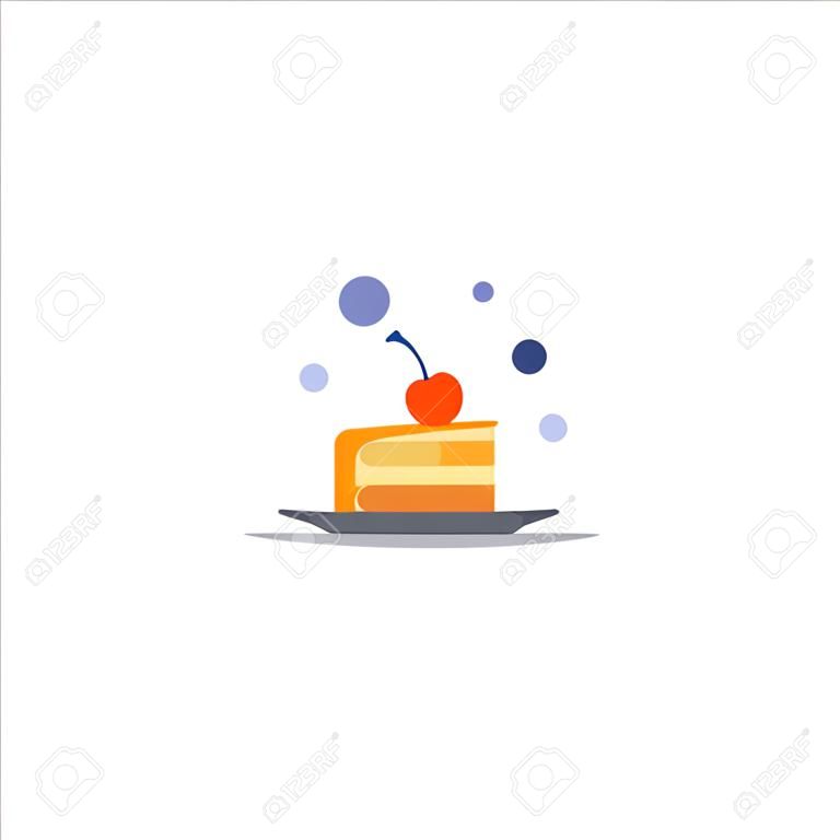 Piece of cake on plate with cherry on top, fun celebration, sweet dessert meal icon, delicious treat vector flat design illustration