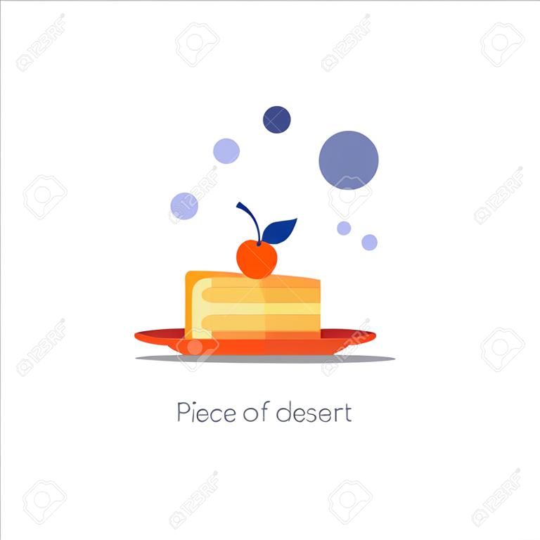 Piece of cake on plate with cherry on top, fun celebration, sweet dessert meal icon, delicious treat vector flat design illustration