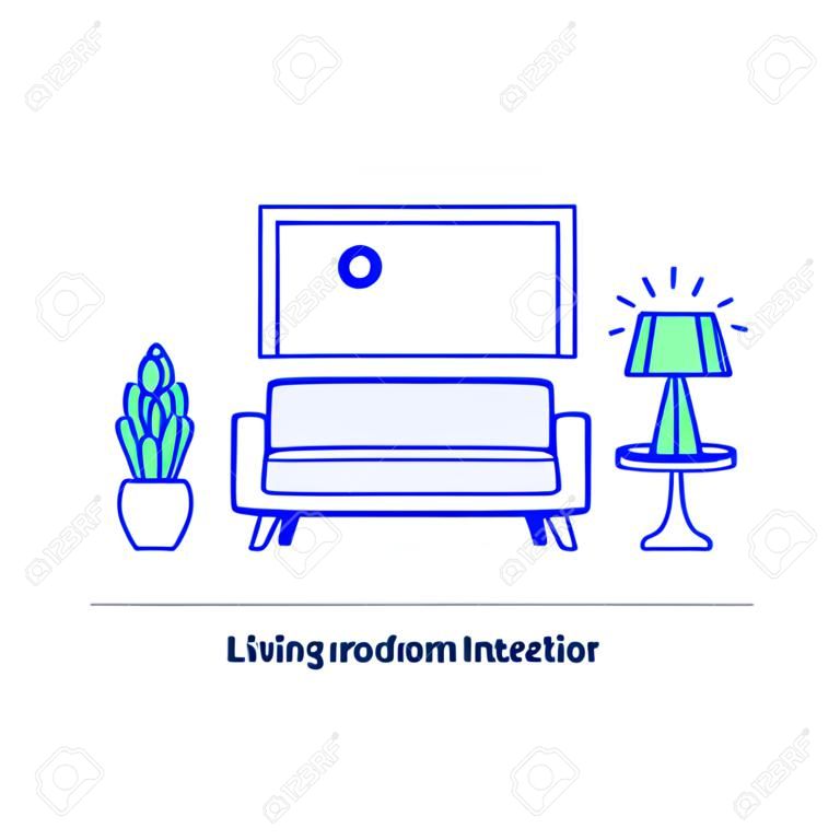 Living room interior design, sofa and floor lamp, picture and plant pot, style, vector mono line illustration.