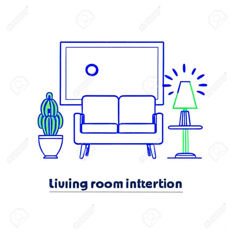 El diseño interior de la sala de estar, el sofá y la lámpara de pie, la imagen y la maceta, el estilo, la ilustración vectorial mono línea.
