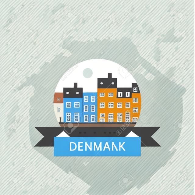 Denmark travel destination, Copenhagen row of houses by water, Nyhavn street with canal, famous landmark, old town, tourism in Europe, danish architecture, vector icon, flat illustration