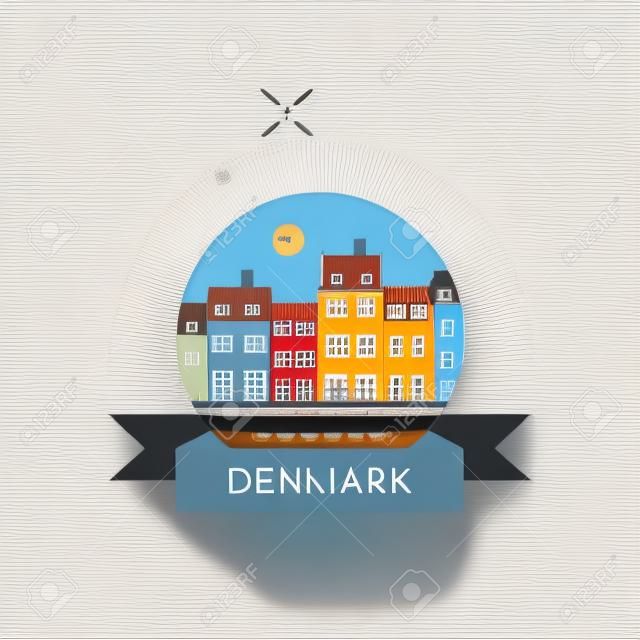 Denemarken reisbestemming, Kopenhagen rij huizen met water, Nyhavn straat met kanaal, beroemde bezienswaardigheid, oude stad, toerisme in Europa, Deense architectuur, vector pictogram, platte illustratie