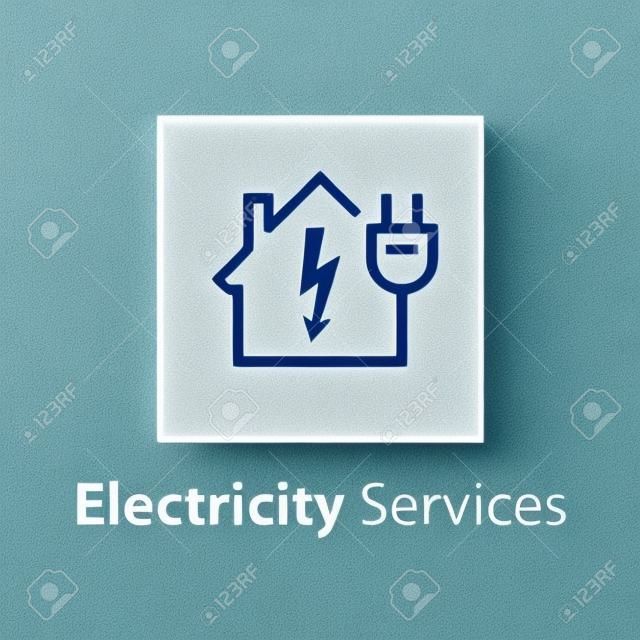 Reparatie en onderhoud van elektriciteit, huis met hoge spanning pijl en stekker, elektrische veiligheid, lineaire design illustratie