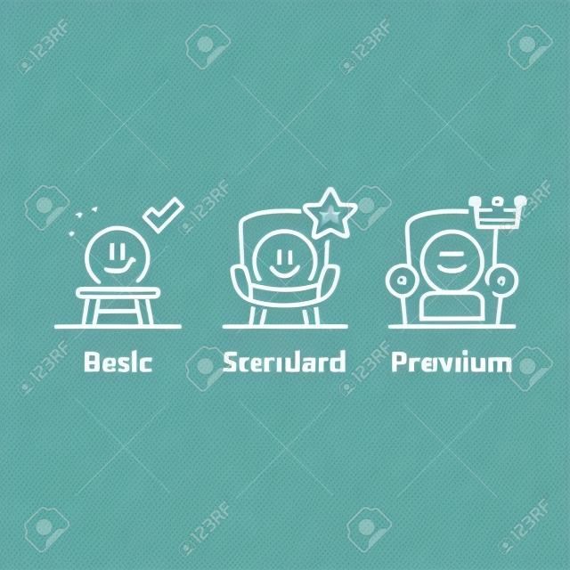 Service upgrade concept, three options, basic subscription, standard account, premium plan, experience improvement, better offer, emoticon in armchair, vector line icon set