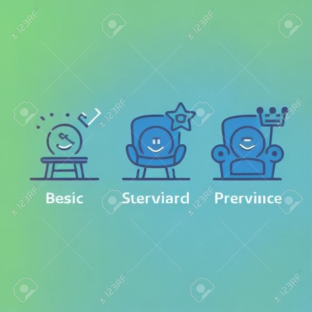 Service upgrade concept, three options, basic subscription, standard account, premium plan, experience improvement, better offer, emoticon in armchair, vector line icon set