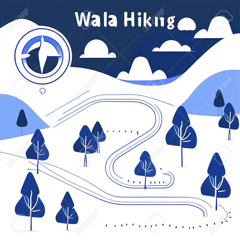 Carte de randonnée hivernale, sentier forestier de neige, piste de course ou de vélo, jeu d'orientation, paysage blanc avec collines et arbres, tentes de camp de base, cercle de vent, illustration vectorielle à plat