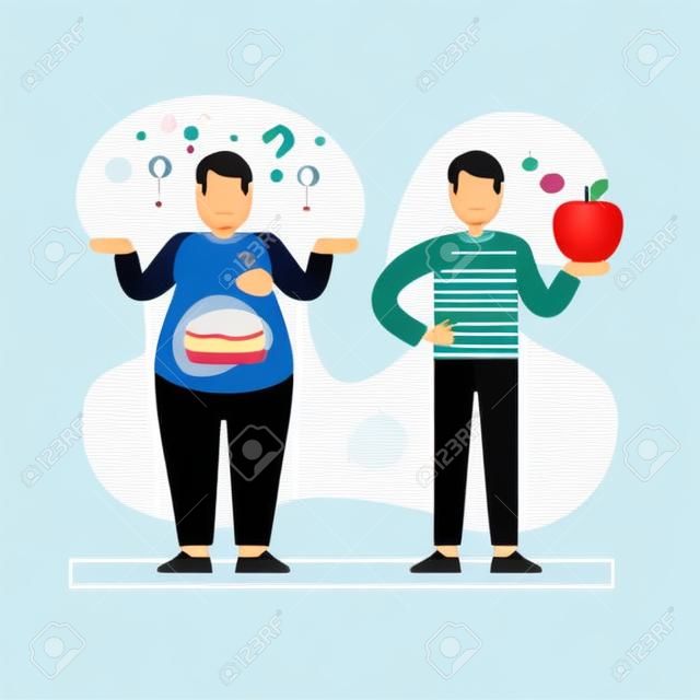 Homens gordos e magros, comparação de pessoas masculinas grossas e finas, obesidade e corpo em forma, excesso de peso ou consumo excessivo, reduzir o programa de peso, boa dieta, antes e depois, ilustração plana vetorial