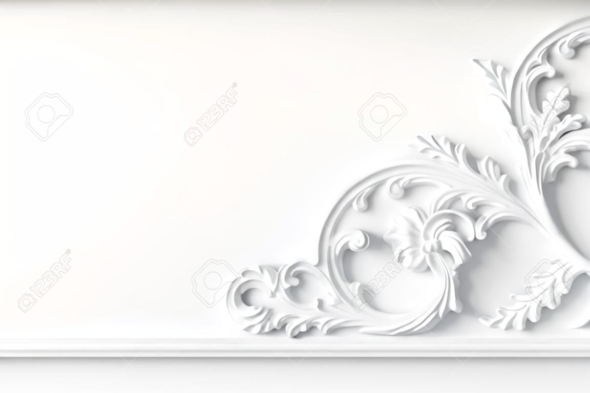 Belle modanature decorative bianche in gesso decorate in studio. La parete bianca è decorata con squisiti elementi di stucco in gesso.
