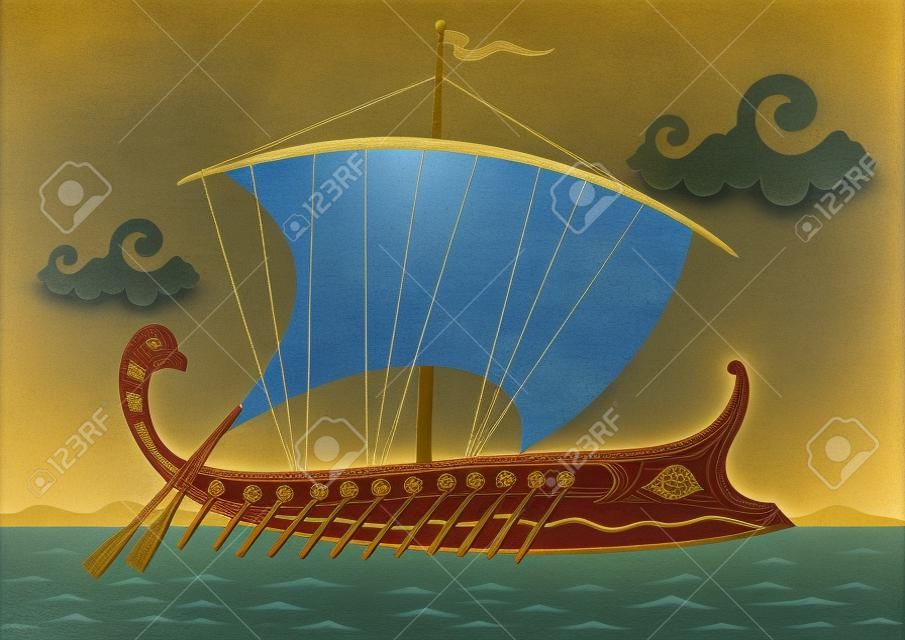 바다에 고대 그리스 삼단 노의 갤리선 항해하는 선박