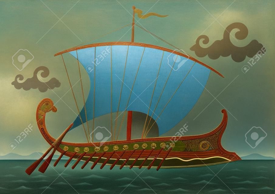 Oude Griekse trireme schip zeilen op de zee