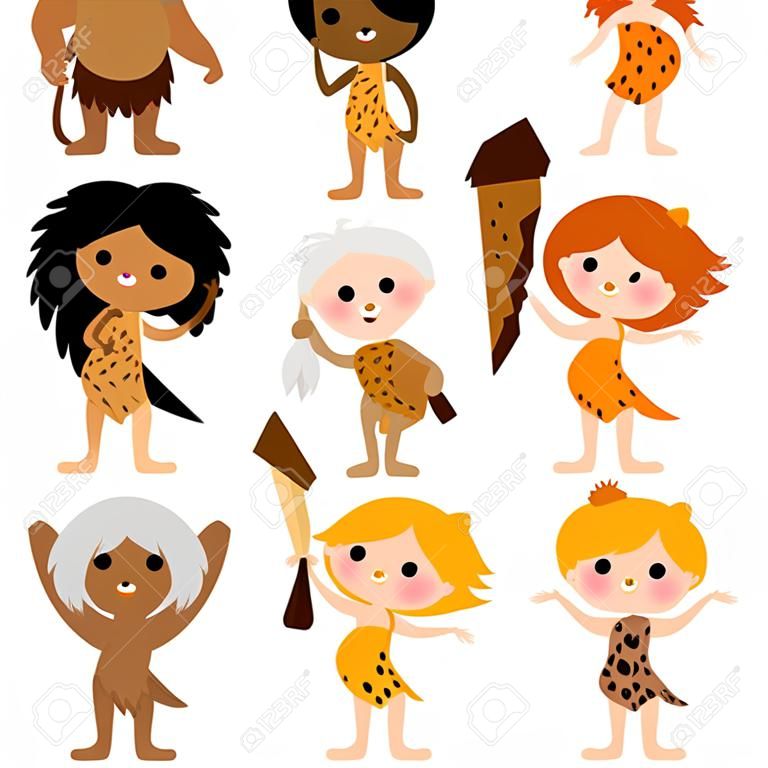Vector cartoon illustration set of men women babies and children cavemen wearing fur and animal skins.