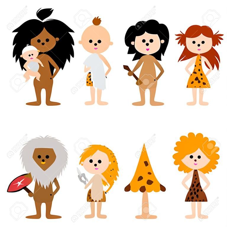Векторные иллюстрации мультфильм набор мужчин женщин младенцев и детей пещерных людей, одетых в меха и шкуры животных.