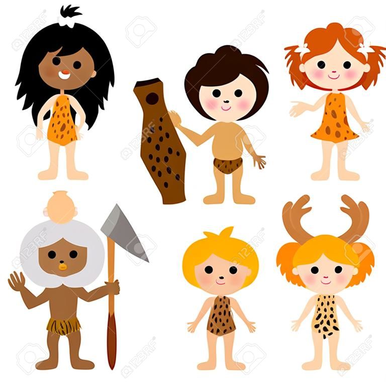 Векторные иллюстрации мультфильм набор мужчин женщин младенцев и детей пещерных людей, одетых в меха и шкуры животных.