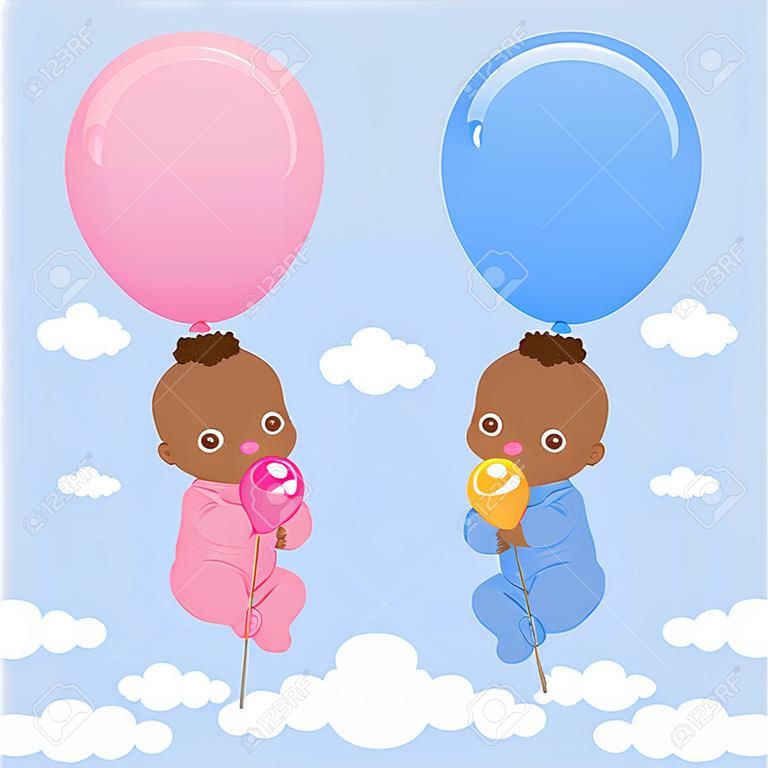 Afro-Amerikan ikiz bebekler balonları tutan.