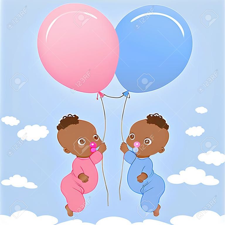Afro-Amerikan ikiz bebekler balonları tutan.