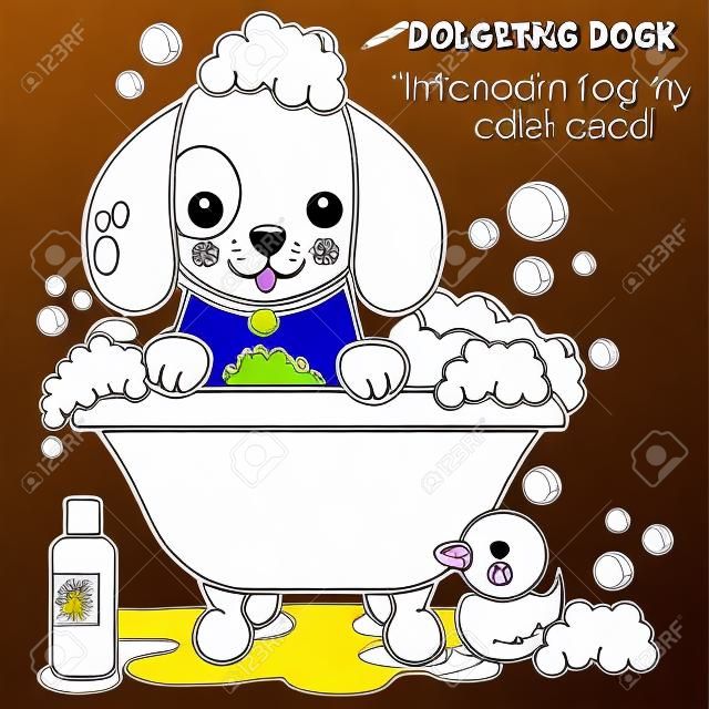 Cão tomando um banho para colorir a página do livro