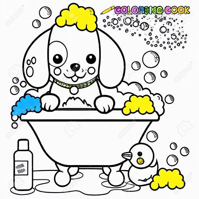 Dog taking a bath coloring book page