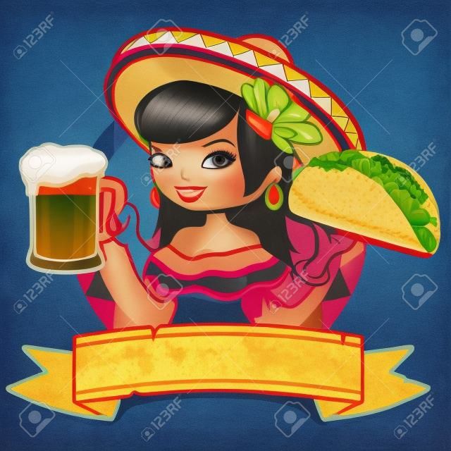 Mexikói nő, kezében egy korsó sör és egy taco