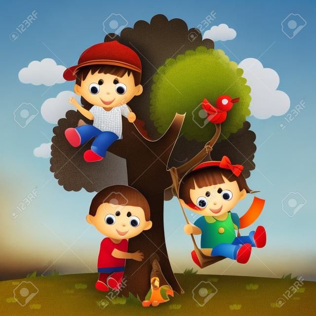 Children playing on a tree