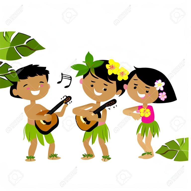 Hawaiianische Kinder spielen Musik und Hula Tanzen