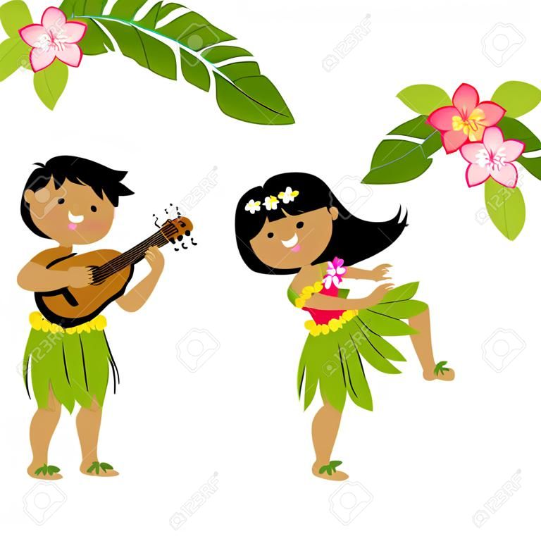 Crianças havaianas tocando música e dança hula