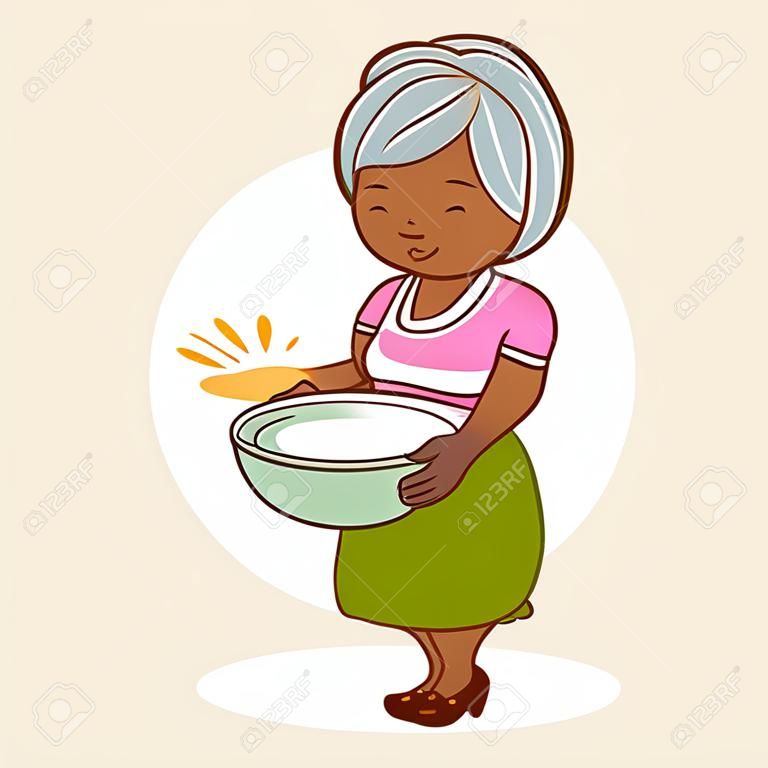 Una anciana negra, sosteniendo un tazón y cocinando. Ilustración vectorial