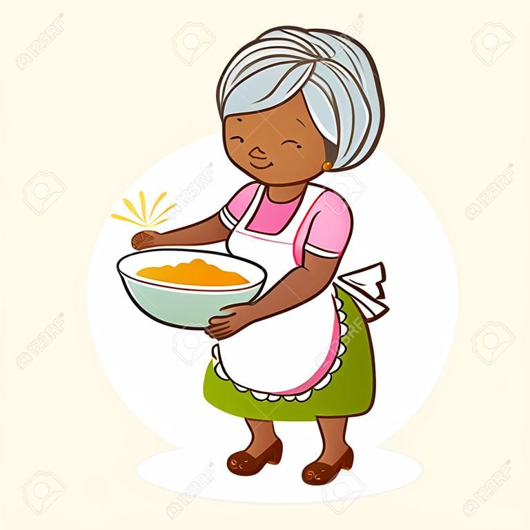 Una vecchia donna di colore, con in mano una ciotola e la cottura. Illustrazione vettoriale