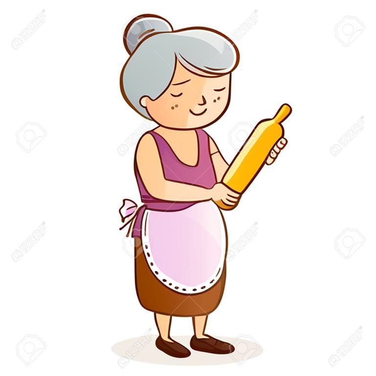 Elinde bir oklava tutan ve yemek pişiren yaşlı bir kadın. Vektör çizim