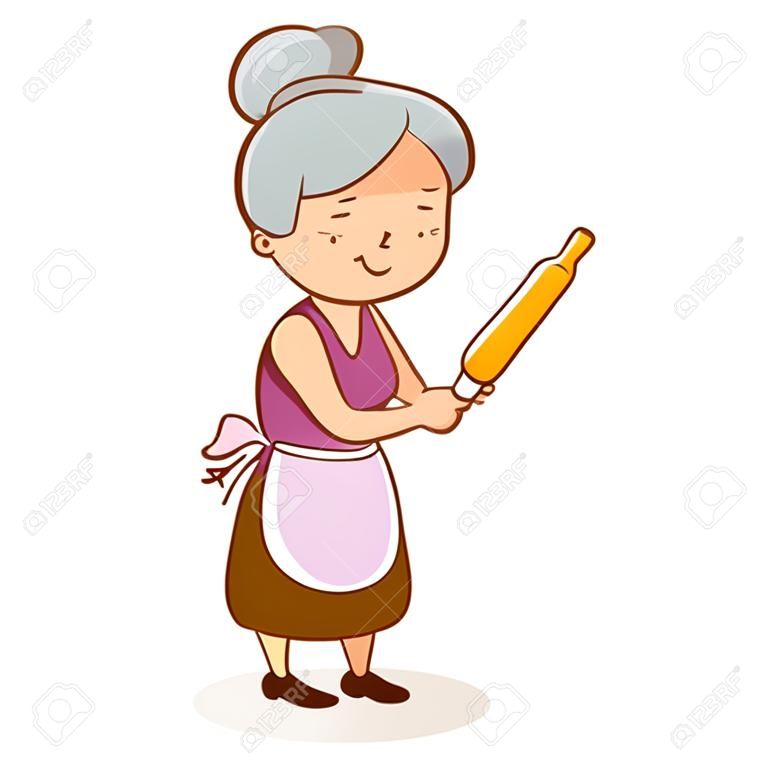 Une vieille femme, tenant un rouleau à pâtisserie et cuisine. Illustration vectorielle
