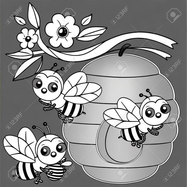 Pszczoły latające wokół ula. wektor czarno-białe kolorowanki.