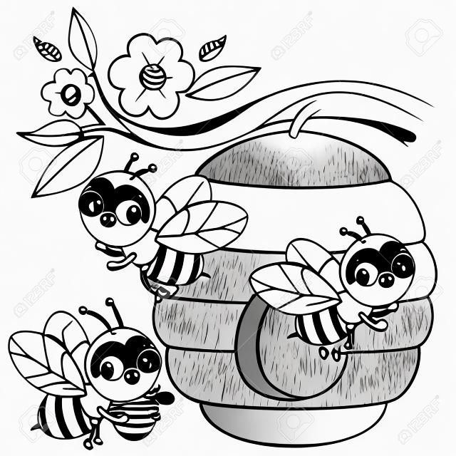 Pszczoły latające wokół ula. wektor czarno-białe kolorowanki.